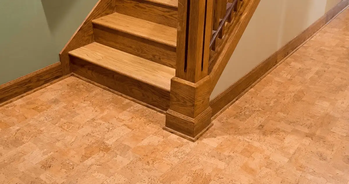 End of a staircase with cork flooring in Jacksonville, FL
