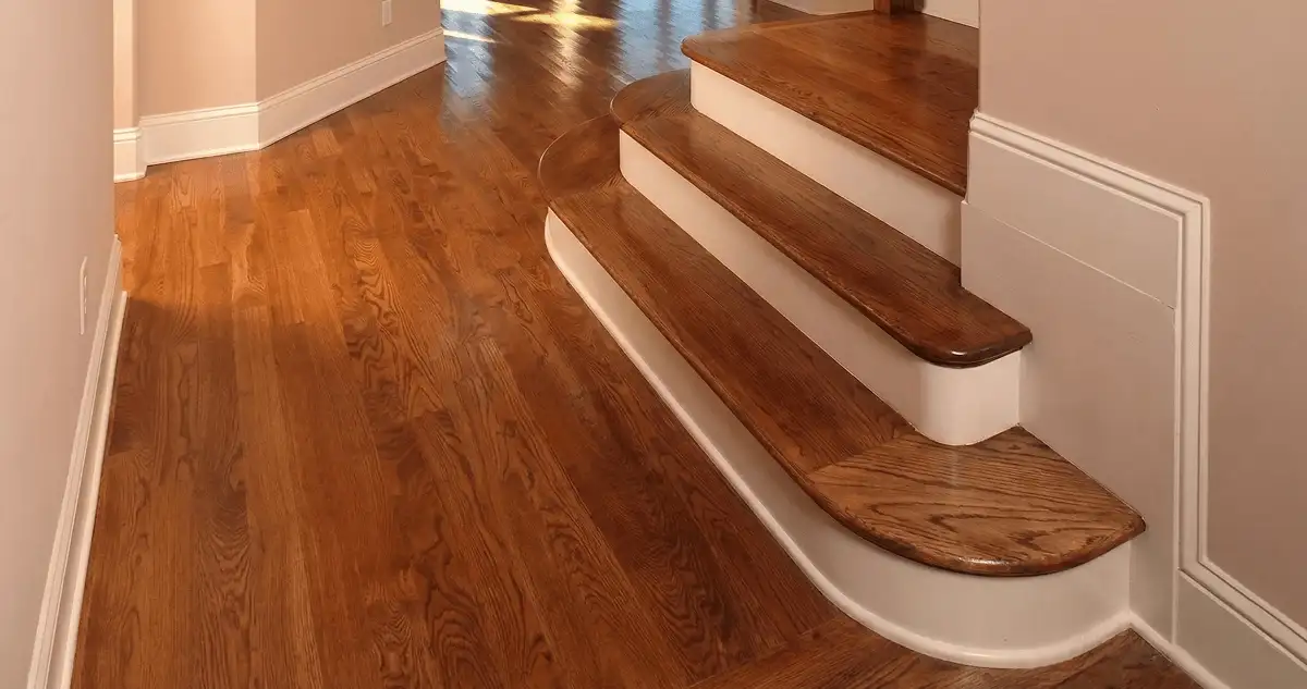 Base floor of a staircase with professionally restored wood flooring in Jacksonville FL