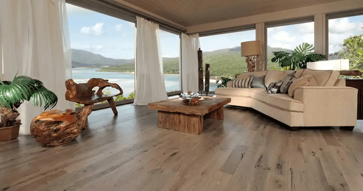 Professionally installed vinyl flooring in a modern living room with large windows in Jacksonville, FL